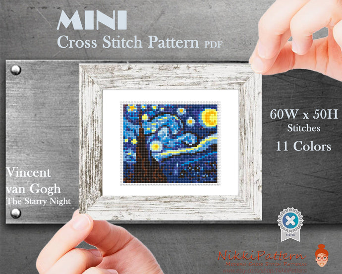 Mini cross stitch pattern ART -The Starry Night- by Vincent van Gogh Famous painting cross stitch PDF pattern Small Tiny Miniature art