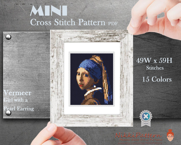 Mini cross stitch pattern Modern tiny art - Girl with a Pearl Earring by Vermeer Famous art miniature painting cross stitch easy PDF pattern