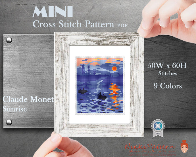 Mini cross stitch pattern Modern tiny art - Sunrise - by Monet Famous art Tiny miniature painting xstitch Easy printable PDF pattern