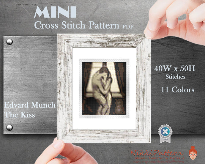 Mini cross stitch pattern Modern tiny art - The Kiss - by Edvard Munch Famous art Tiny miniature painting cross stitch easy PDF pattern