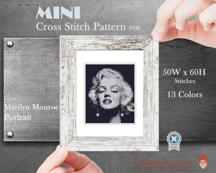 Mini cross stitch pattern Modern tiny art - Marilyn Monroe portrait Famous actress Tiny miniature picture painting Easy cross stitch PDF