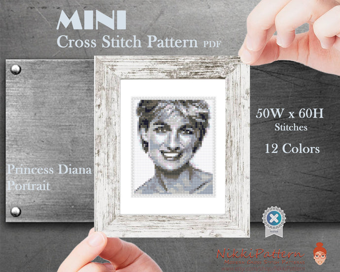 Mini cross stitch pattern Modern tiny art - Pricess Diana - Famous Tiny miniature picture painting Small easy frame art Easy hand embroidery