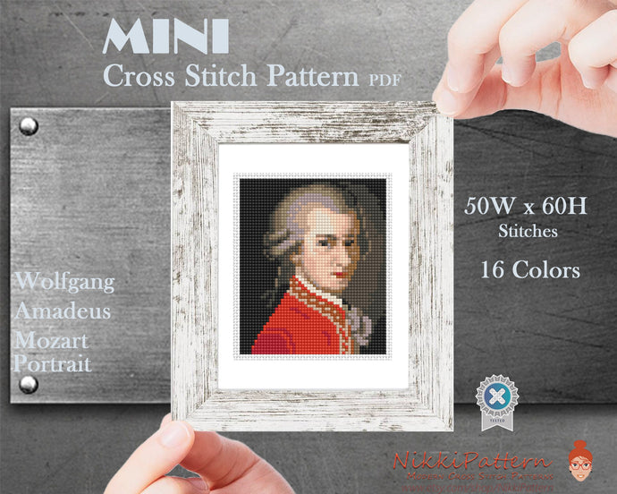 Mini Cross Stitch Pattern ART - Mozart Portrait- Famous painting cross stitch PDF pattern Composer Small Tiny Miniature Easy hand Embroidery