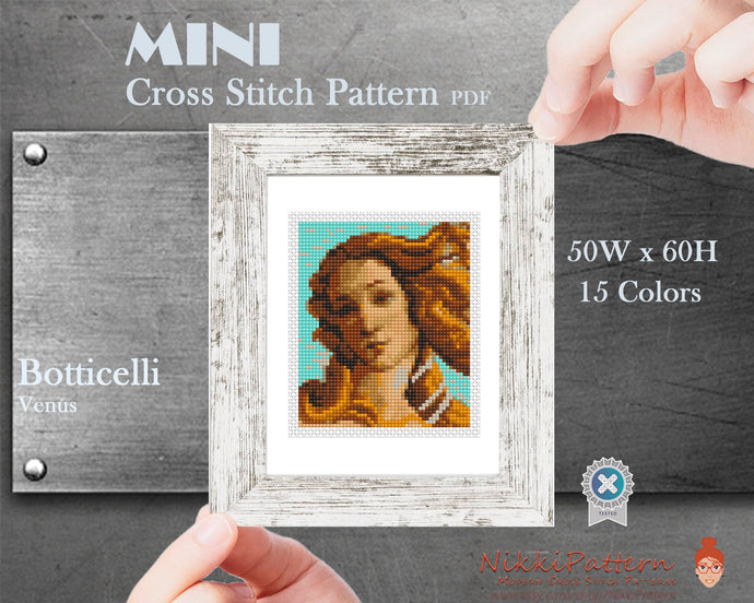 Mini Cross Stitch Pattern ART - Venus- by Botticelli Famous painting cross stitch PDF pattern Small Tiny Miniature art The Birth of Venus