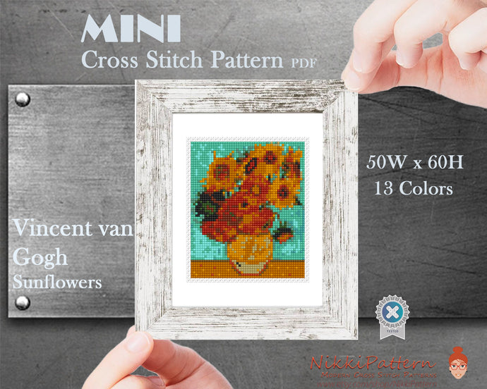 Mini Cross Stitch Pattern ART - Sunflowers- by Vincent van Gogh Famous painting cross stitch PDF pattern Small Tiny Miniature art Embroidery