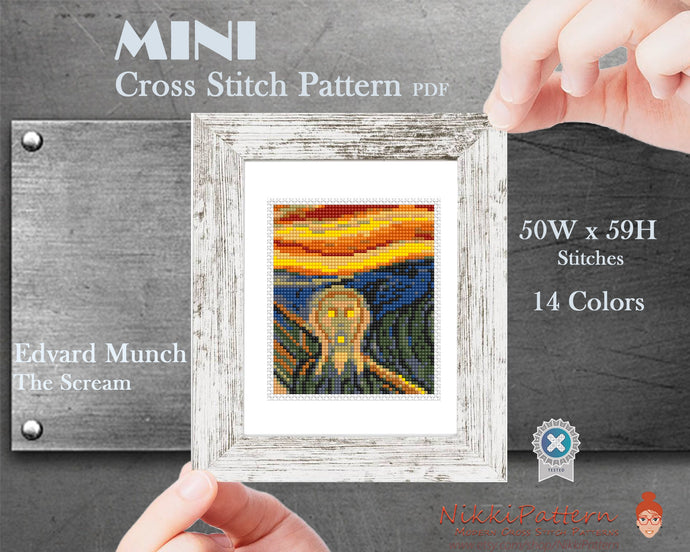 Mini cross stitch pattern Modern art -The Scream- by Edvard Munch Famous painting cross stitch PDF pattern Tiny Miniature Hand embroidery