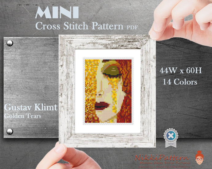 Mini cross stitch pattern ART - Golden Tears- by Gustav Klimt Famous painting cross stitch PDF pattern Small Tiny Miniature art Little art