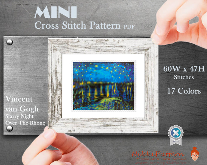 Mini cross stitch pattern Modern tiny art - Starry Night Over The Rhone - by Van Gogh Famous art Tiny miniature painting xstitch Easy PDF