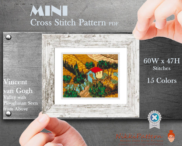 Mini cross stitch pattern Art Modern tiny - Valley with Ploughman Seen from Above by Vincent van Gogh  Famous art miniature painting Easy