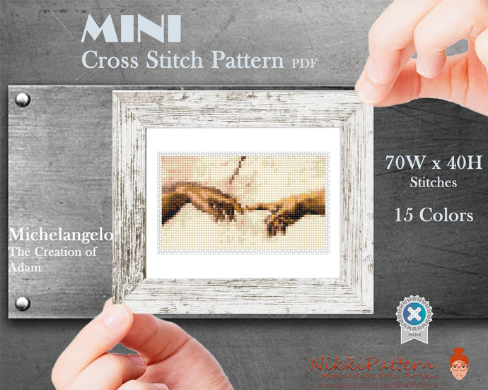 Mini Cross Stitch Pattern Art - Creation of Adam- by Michelangelo Famous painting PDF pattern Small Tiny Miniature Hands of Adam and God