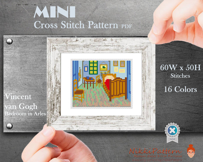 Mini cross stitch pattern Modern tiny art - Bedroom in Arles by Vincent van Gogh Famous art Small miniature painting Easy beginner PDF