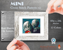 Mini cross stitch pattern Modern tiny art - The Lovers by René Magritte Small famous artwork Mini hand embroidery PDF pattern Love Kiss