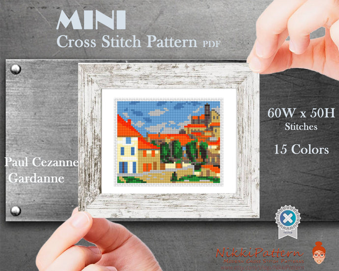 Mini cross stitch pattern Art Modern tiny - Gardanne - by Paul Cezanne Famous art miniature landscape painting Easy Instant download PDF