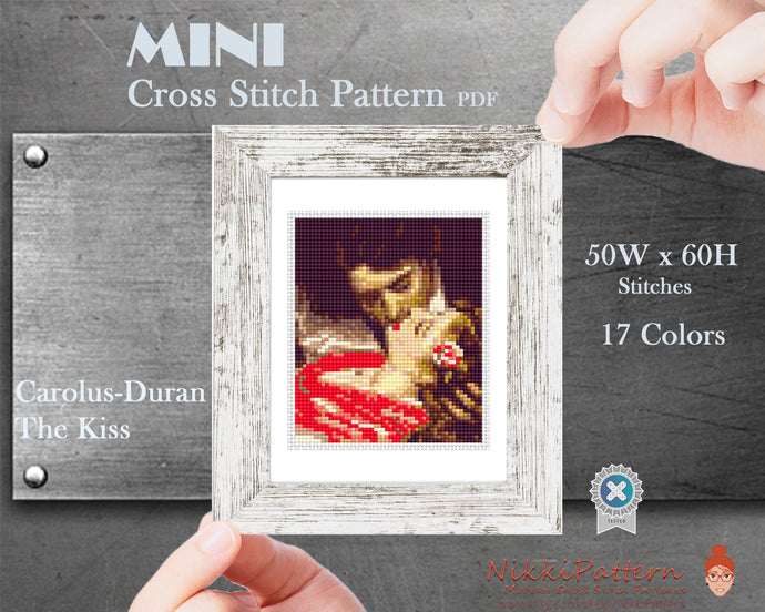 Mini cross stitch pattern Modern tiny art - The Kiss - by Carolus-Duran Famous art Tiny miniature painting cross stitch easy PDF pattern