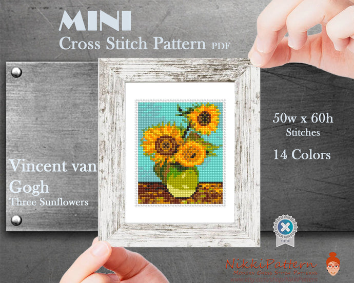 Mini Cross Stitch Pattern ART - Three Sunflowers- by Vincent van Gogh Famous painting cross stitch PDF pattern Small Tiny Miniature art