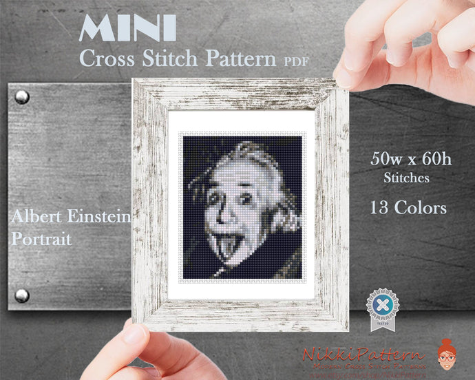 Mini cross stitch pattern Modern tiny art - Albert Einstein Portrait- Famous movie star Tiny miniature picture painting Small easy frame art