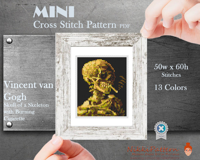 Mini Cross Stitch Pattern ART Skull of a Skeleton with Burning Cigarette- by Vincent van Gogh Famous painting Small Tiny Miniature art