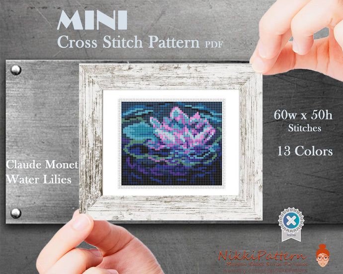 Mini Cross Stitch Pattern ART -Water Lilies- by  Claude Monet Famous painting cross stitch PDF pattern Small Tiny Miniature art