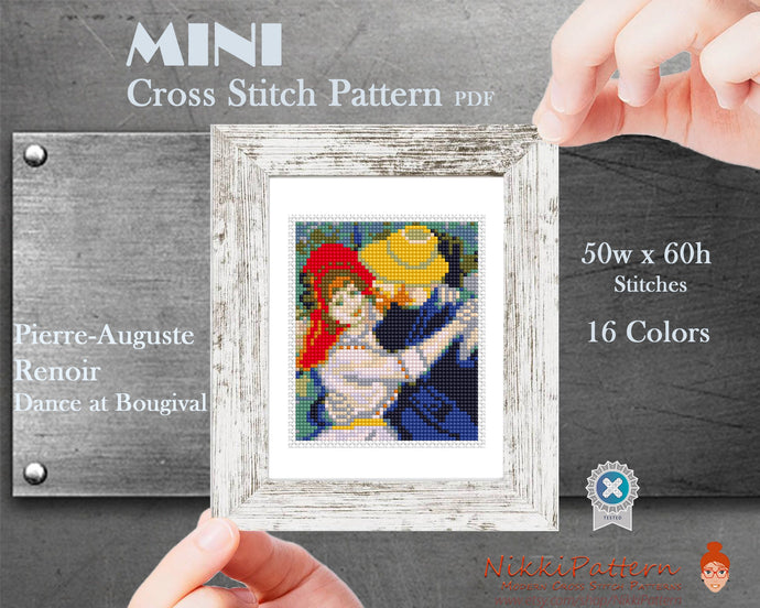 Mini cross stitch pattern Modern tiny art - Dance at Bougival - by Pierre-Auguste Renoir - Tiny famous painting Small masterpiece Famous Art