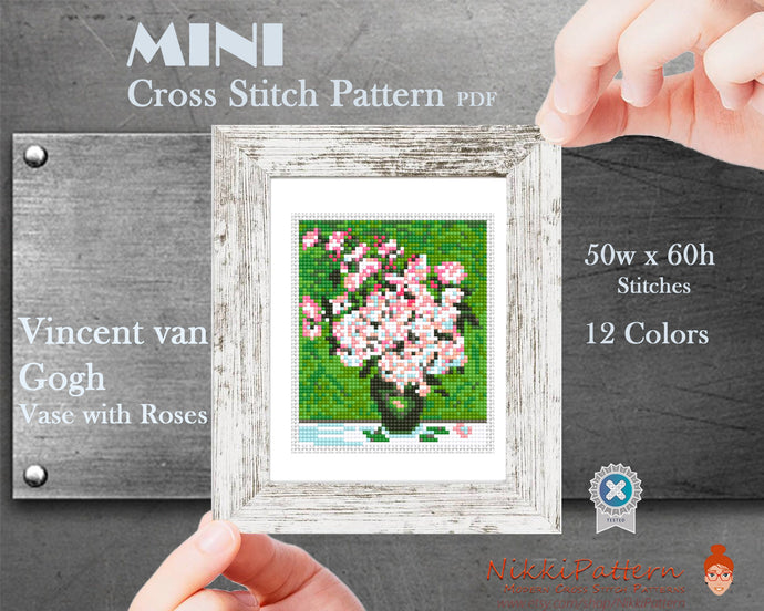 Mini Cross Stitch Pattern ART - Vase with Roses- by Vincent van Gogh Famous painting cross stitch PDF pattern Small Tiny Miniature art