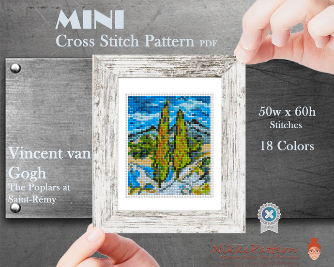 Mini cross stitch pattern Modern tiny art - The Poplars at Saint-Remy by Vincent van Gogh Famous art miniature painting Easy beginner PDF