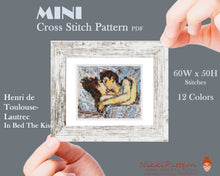 Mini cross stitch pattern Modern tiny art - In Bed The Kiss by Toulouse Lautrec Famous art miniature painting Easy beginner PDF chart