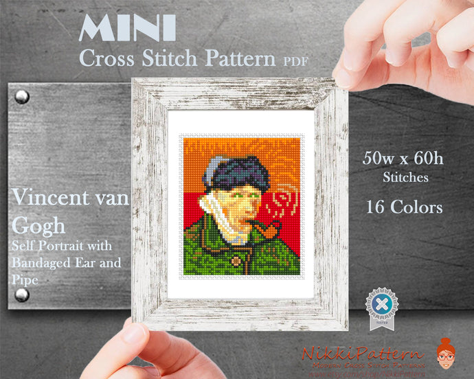 Mini Cross Stitch Pattern ART Self Portrait with Bandaged Ear and Pipe- by Vincent van Gogh Famous painting PDF pattern Small Tiny Miniature