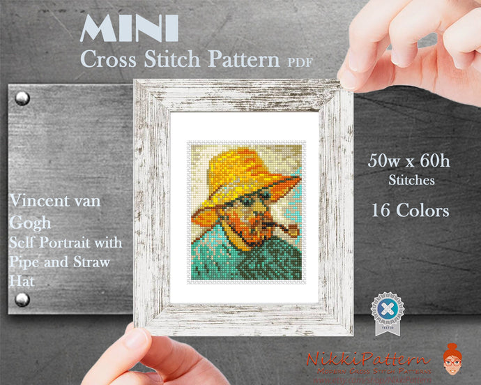 Mini Cross Stitch Pattern ART - Self Portrait with Pipe and Straw Hat- by Vincent van Gogh Famous painting PDF pattern Small Tiny Miniature