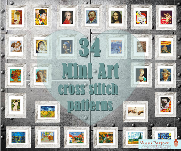 34 Mini Art Cross Stitch Patterns Mini masterpieces Starry night, Modern cross stitch bundle, Tiny famous paintings, Beginner pattern