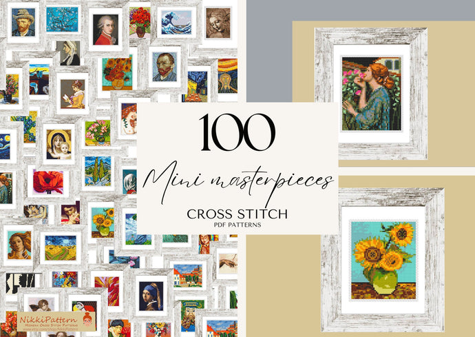 Mini masterpieces Cross Stitch Patterns Set of 100 Art Van Gogh Modern cross stitch bundle Tiny famous paintings Beginner pattern